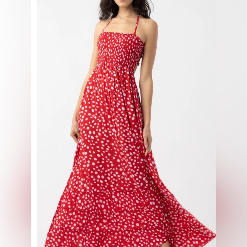 Anthropologie Tiare Hawaii Bellini Maxi Dress in Red Pebbles Polka Dots